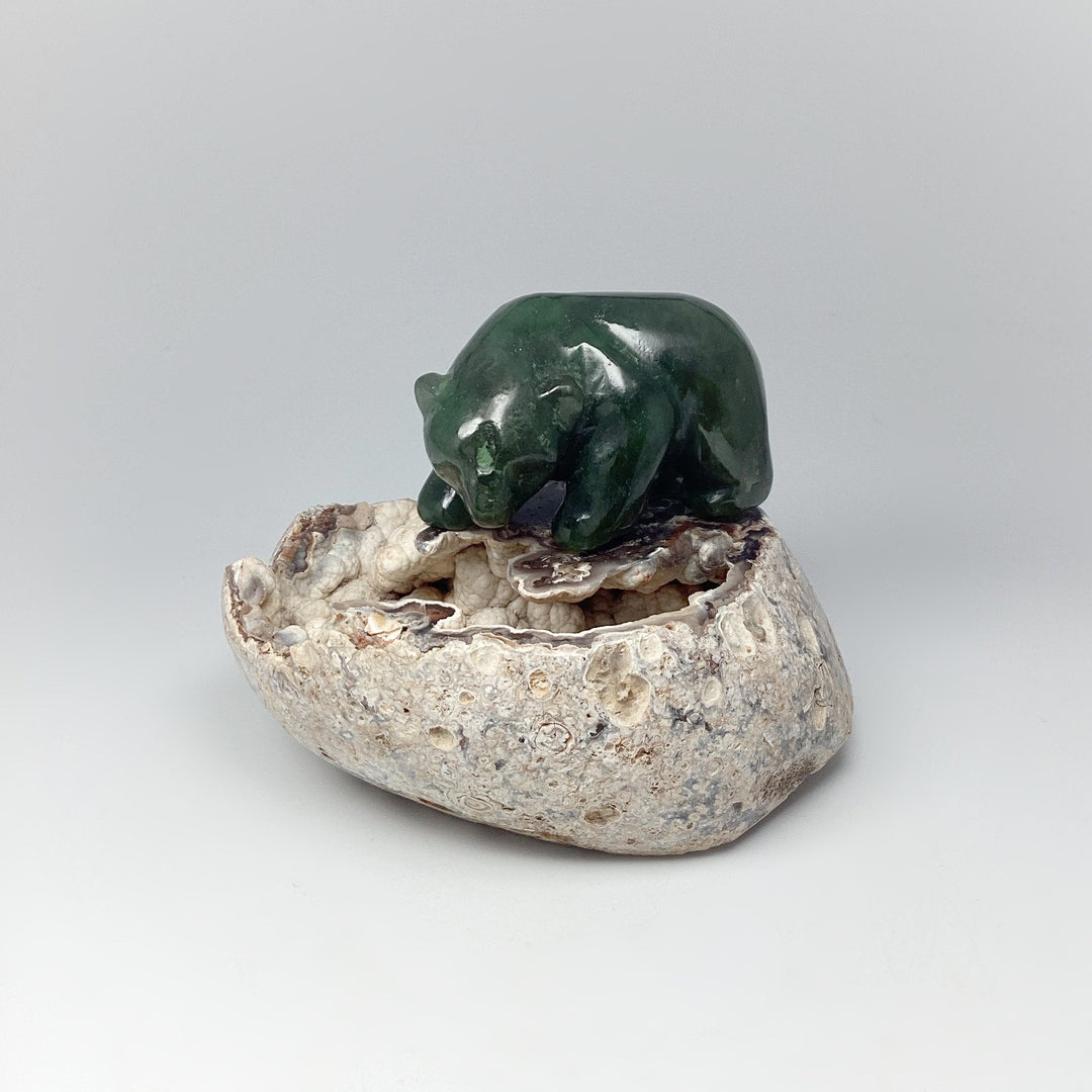 BC Jade Bear with Fish Carving on Natural Agate Base