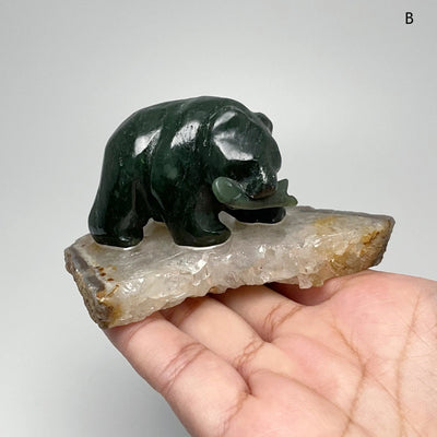 BC Jade Bear with Fish Carving on Natural Agate Base