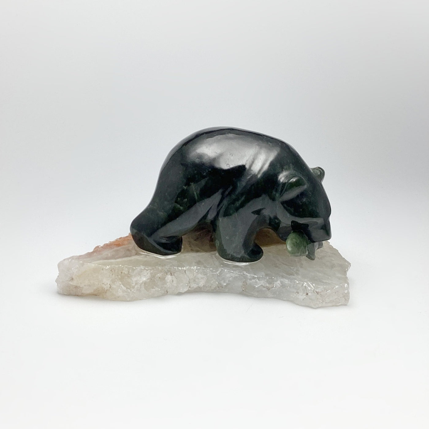 BC Jade Bear with Fish Carving on Natural Agate Base