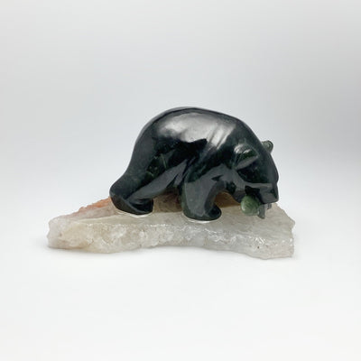 BC Jade Bear with Fish Carving on Natural Agate Base