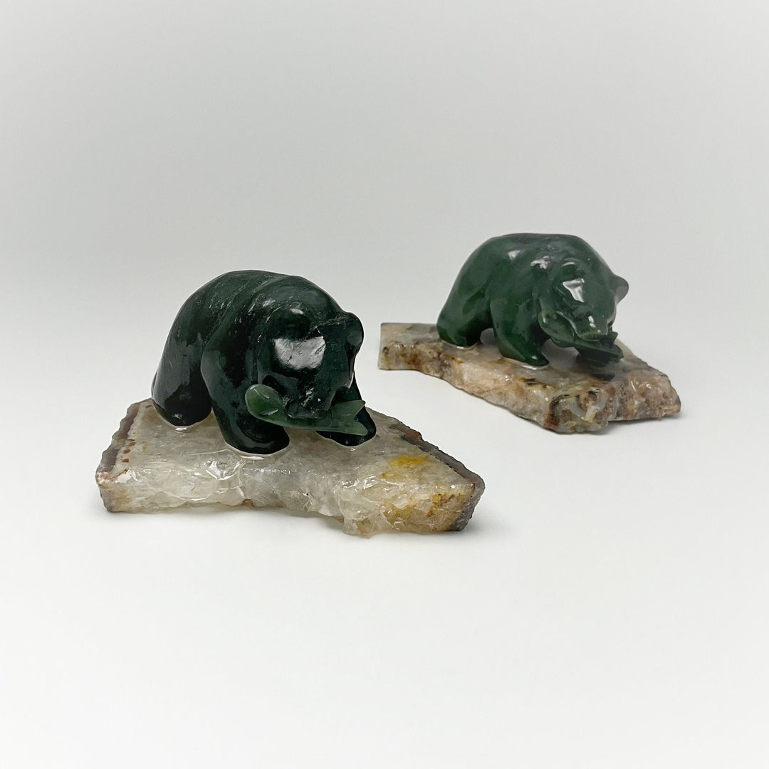 BC Jade Bear with Fish Carving on Natural Agate Base