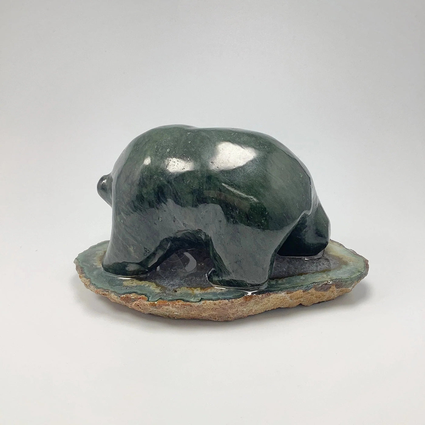 BC Jade Bear with Fish Carving on Natural Agate Base