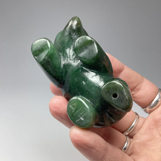 BC Jade Bear with Fish Carving on Natural Agate Base