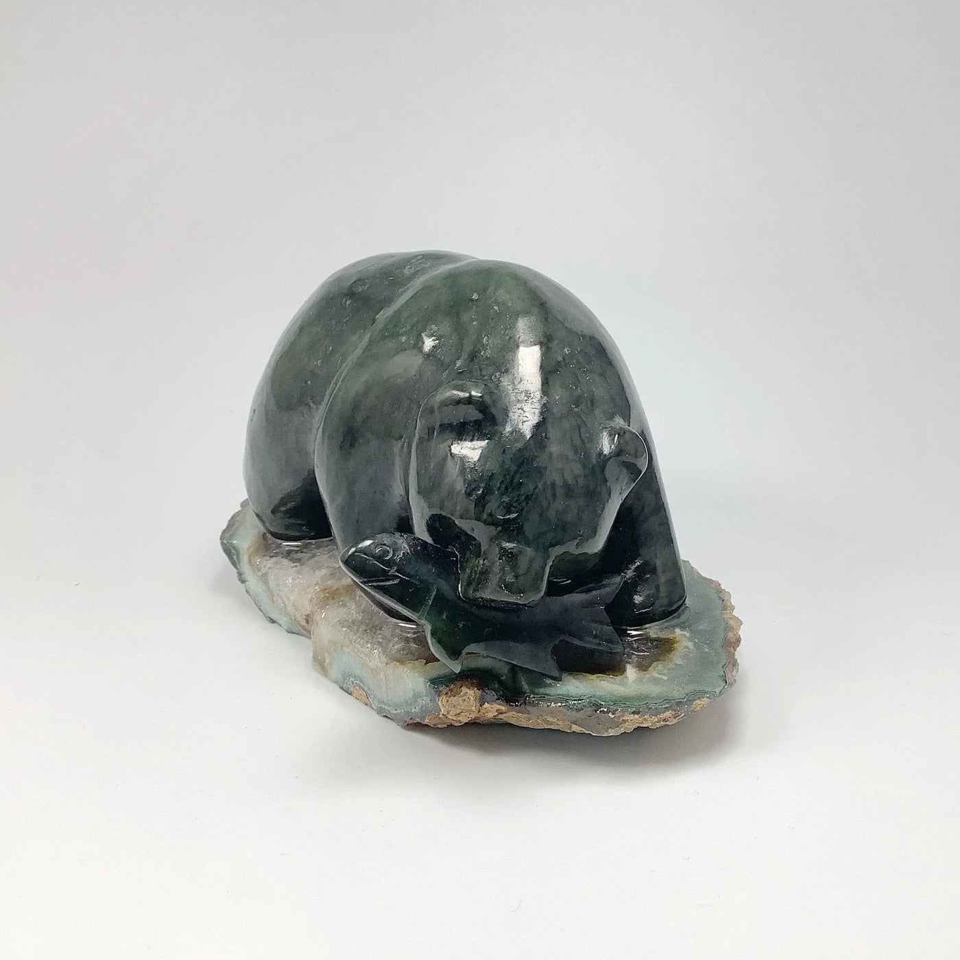 BC Jade Bear with Fish Carving on Natural Agate Base