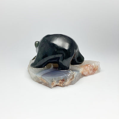 BC Jade Bear with Fish Carving on Natural Agate Base