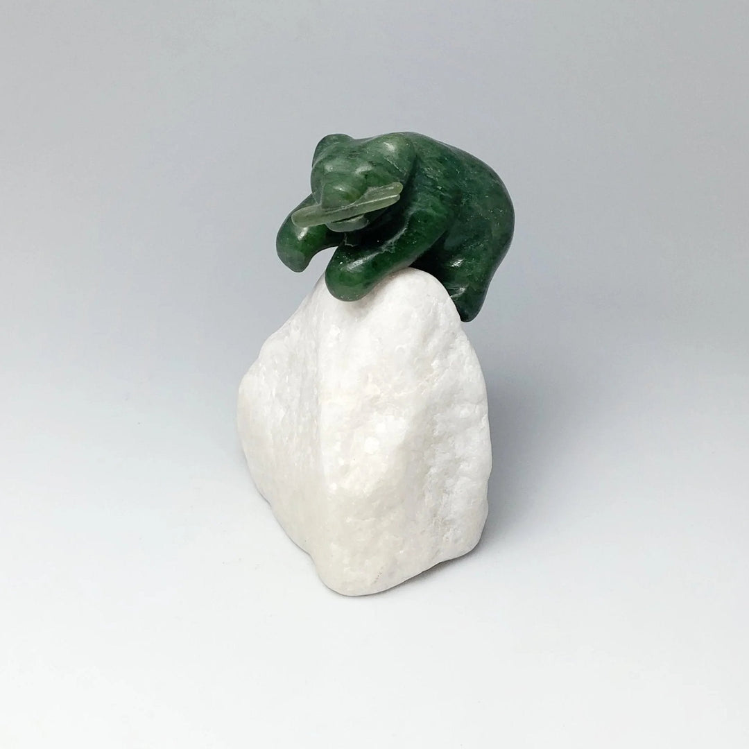 BC Jade Bear with Fish Carving on Star Marble Base