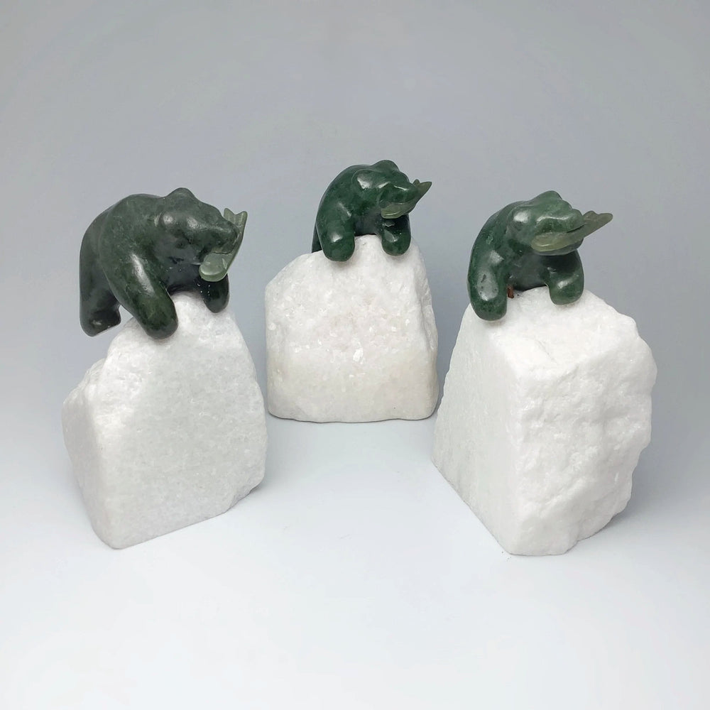 BC Jade Bear with Fish Carving on Star Marble Base