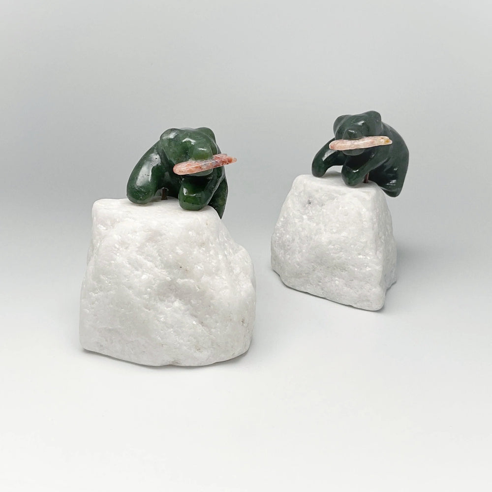 BC Jade Bear with Flower Agate Fish Carving on Star Marble Base - Rocks and Gems Canada