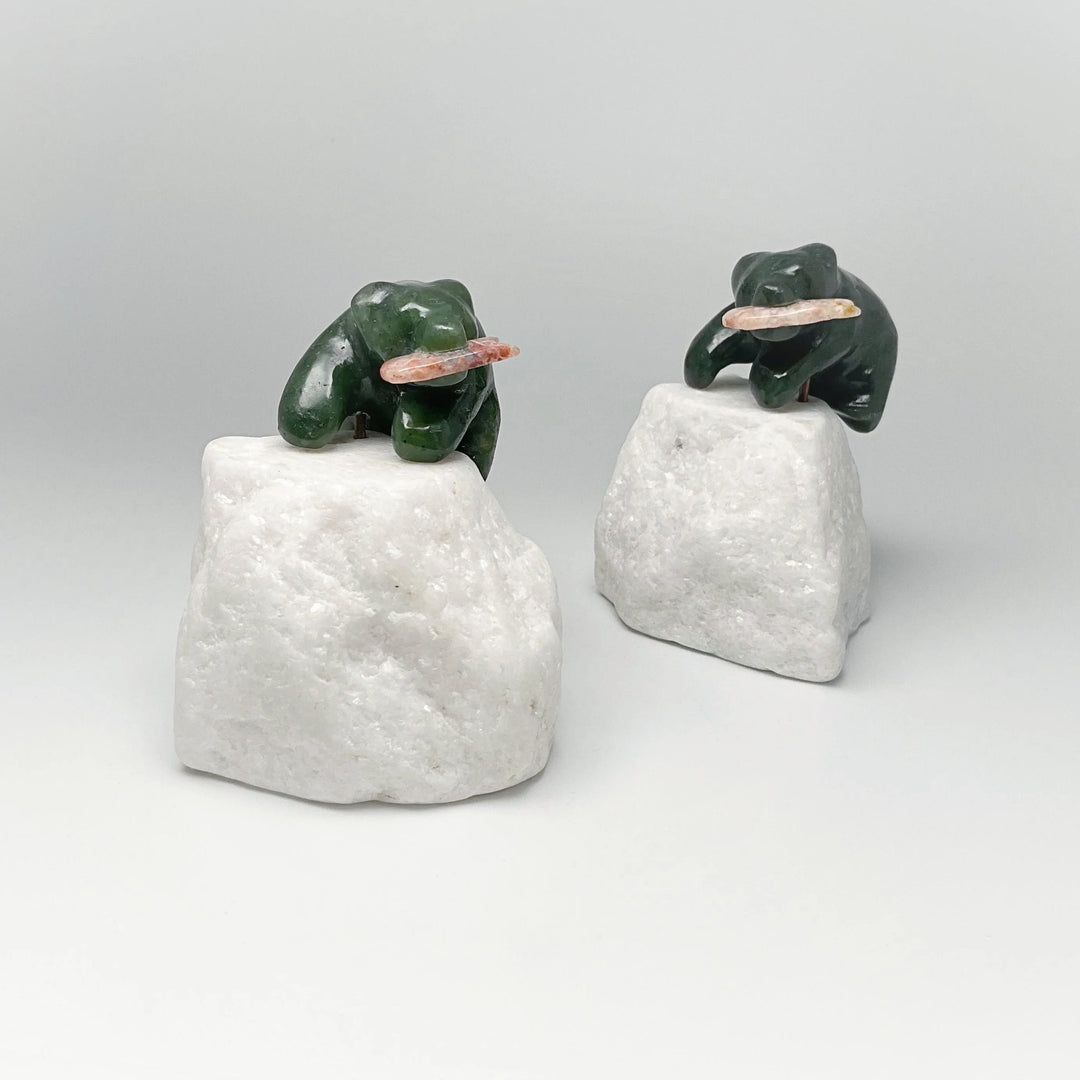 BC Jade Bear with Flower Agate Fish Carving on Star Marble Base - Rocks and Gems Canada