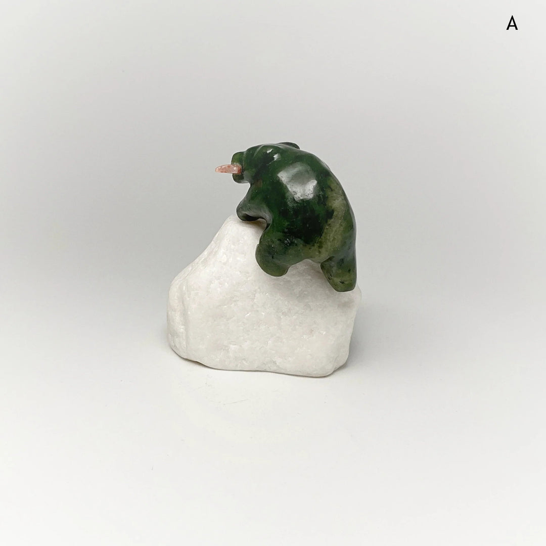 BC Jade Bear with Flower Agate Fish Carving on Star Marble Base - Rocks and Gems Canada