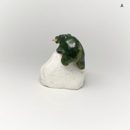 BC Jade Bear with Flower Agate Fish Carving on Star Marble Base - Rocks and Gems Canada