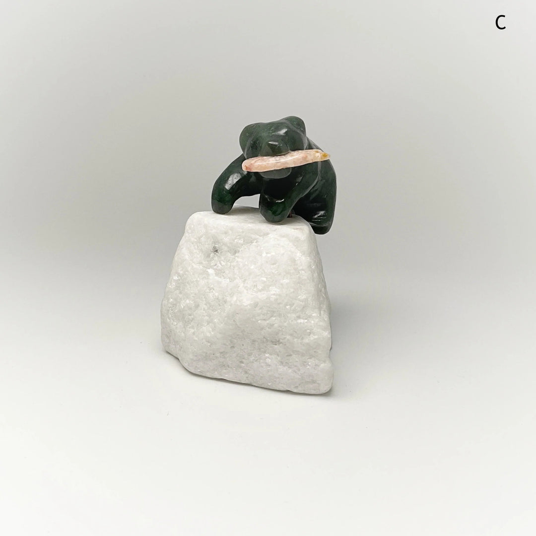 BC Jade Bear with Flower Agate Fish Carving on Star Marble Base - Rocks and Gems Canada
