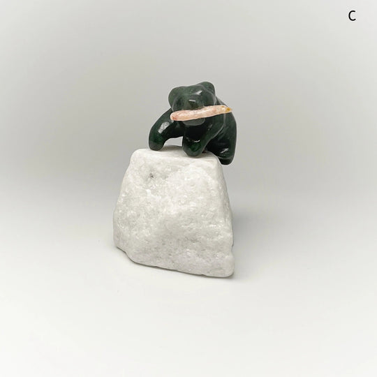BC Jade Bear with Flower Agate Fish Carving on Star Marble Base - Rocks and Gems Canada