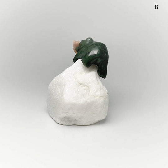 BC Jade Bear with Flower Agate Fish Carving on Star Marble Base - Rocks and Gems Canada