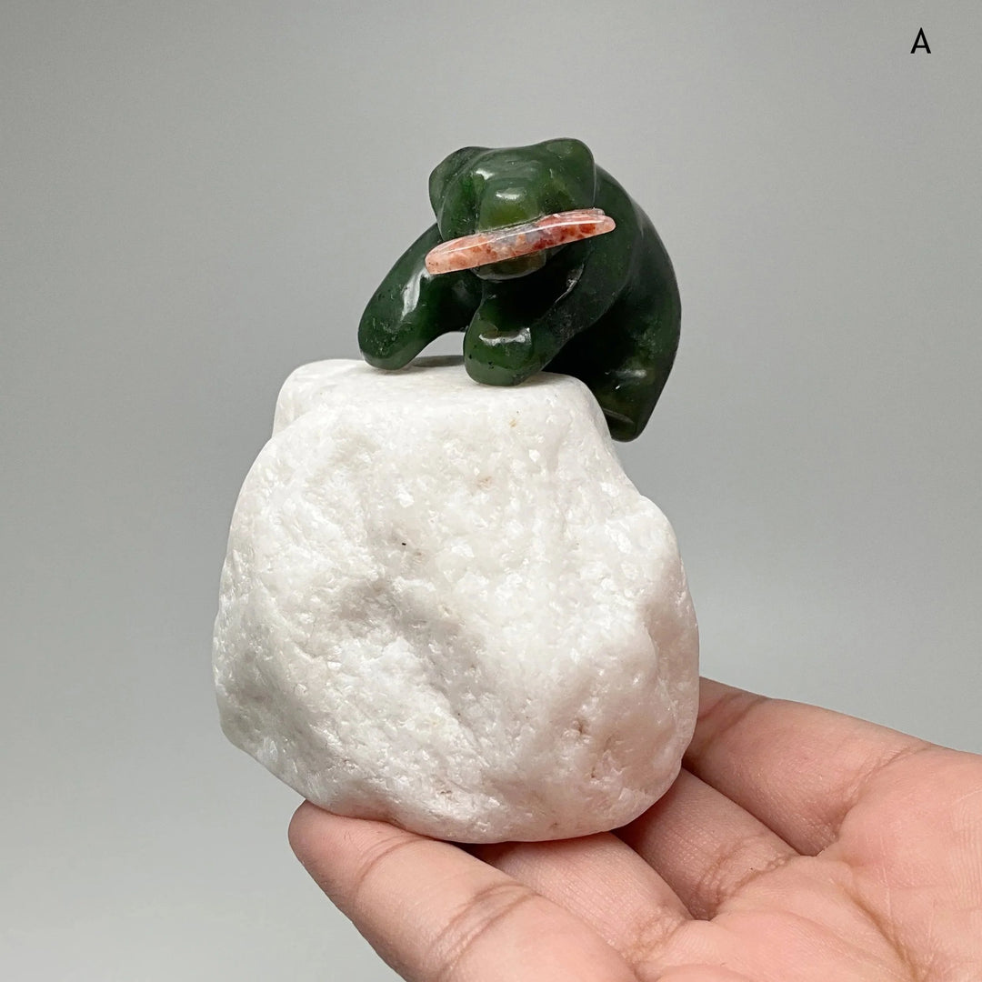BC Jade Bear with Flower Agate Fish Carving on Star Marble Base - Rocks and Gems Canada