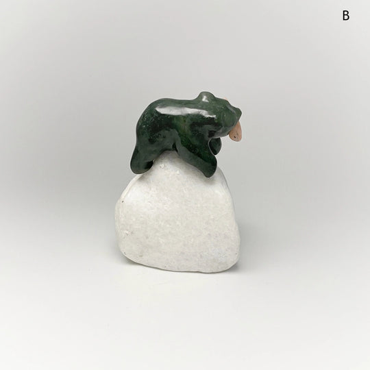 BC Jade Bear with Flower Agate Fish Carving on Star Marble Base - Rocks and Gems Canada