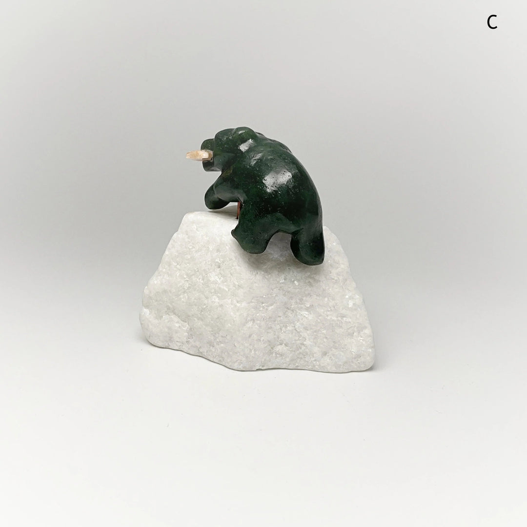 BC Jade Bear with Flower Agate Fish Carving on Star Marble Base - Rocks and Gems Canada