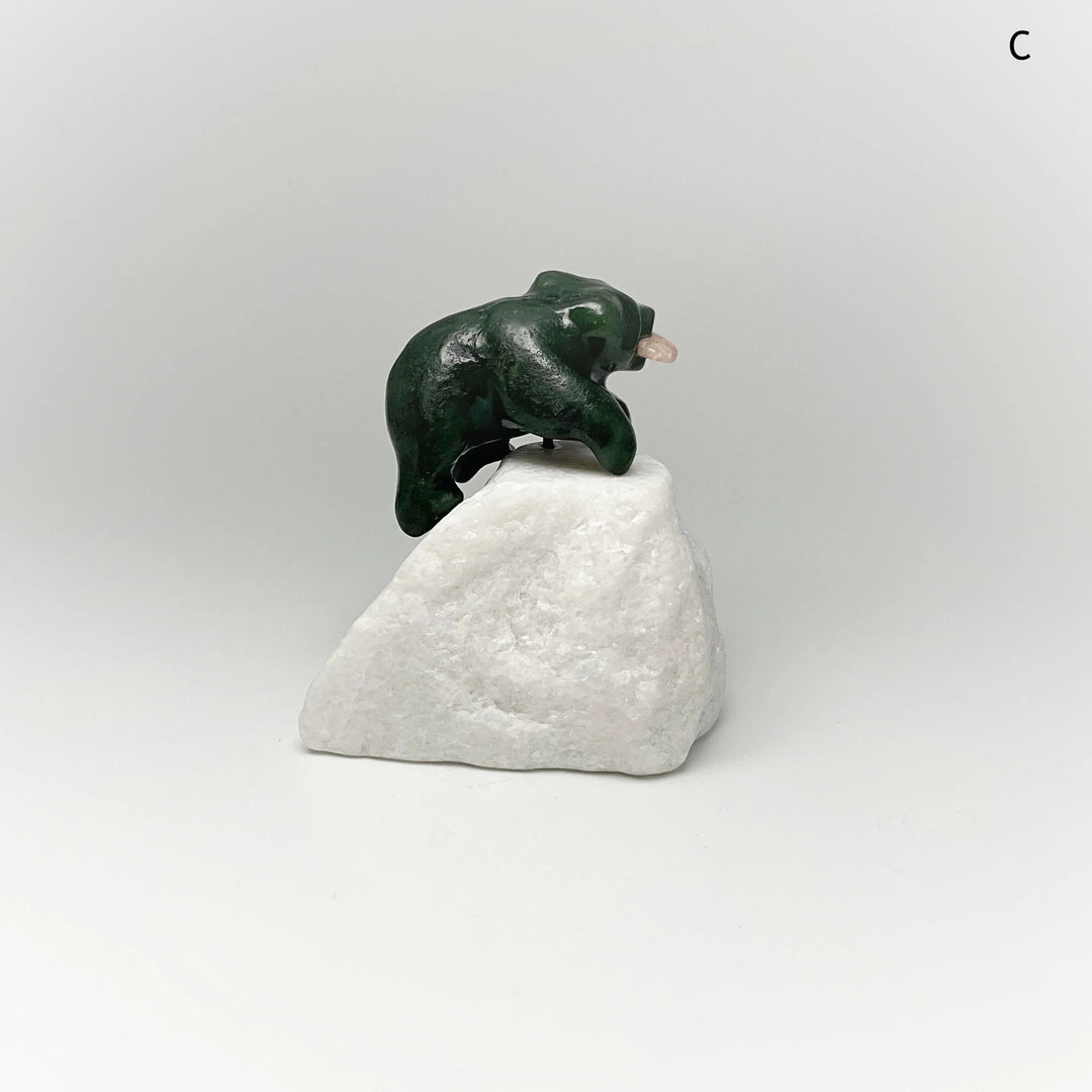 BC Jade Bear with Flower Agate Fish Carving on Star Marble Base - Rocks and Gems Canada