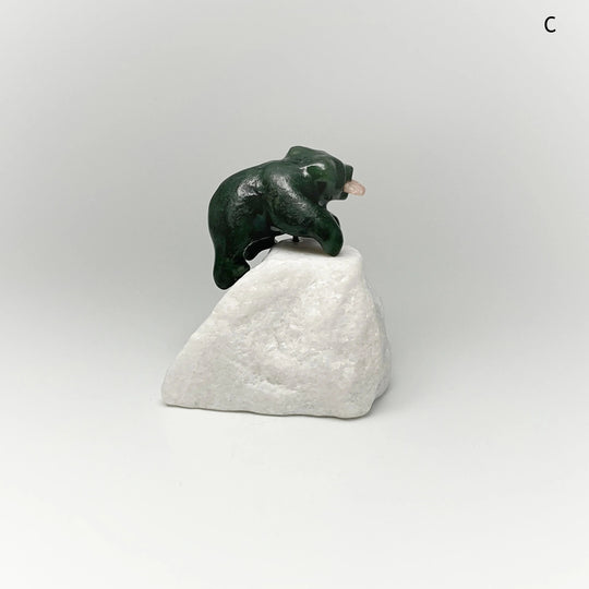 BC Jade Bear with Flower Agate Fish Carving on Star Marble Base - Rocks and Gems Canada