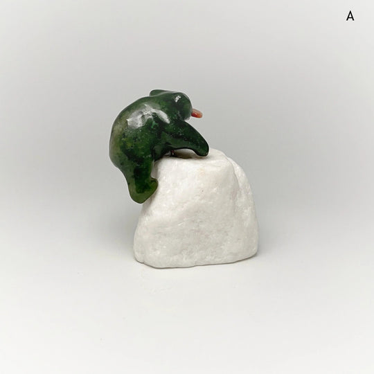 BC Jade Bear with Flower Agate Fish Carving on Star Marble Base - Rocks and Gems Canada