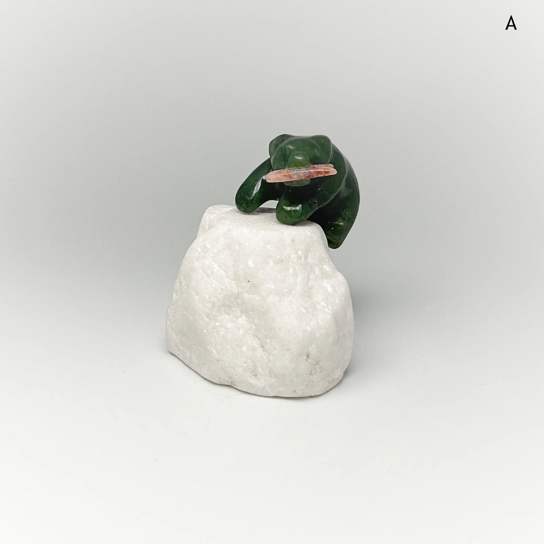 BC Jade Bear with Flower Agate Fish Carving on Star Marble Base - Rocks and Gems Canada