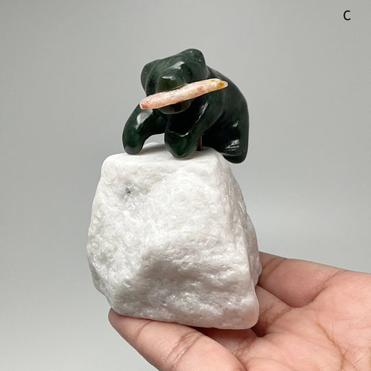 BC Jade Bear with Flower Agate Fish Carving on Star Marble Base - Rocks and Gems Canada