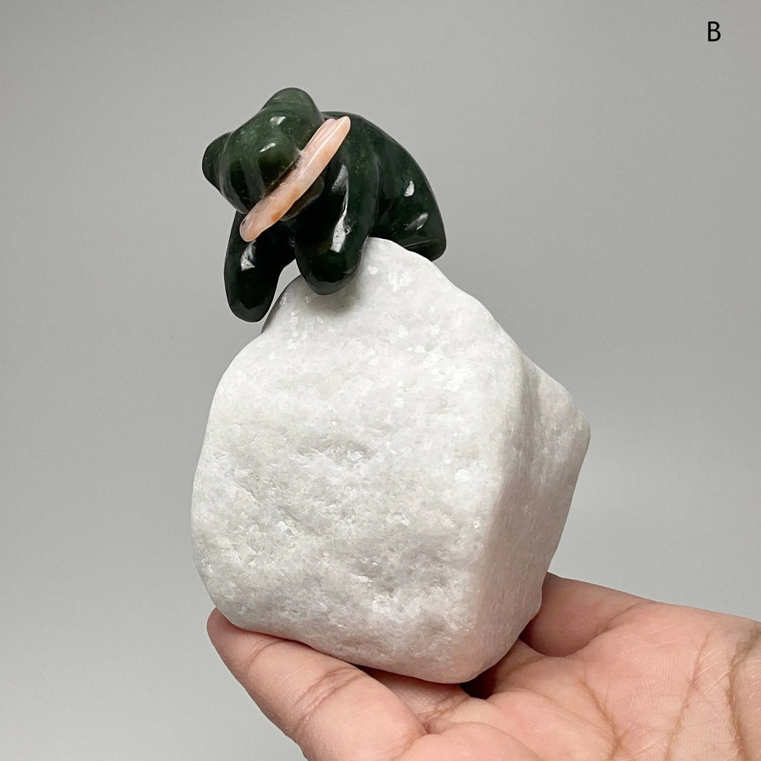 BC Jade Bear with Flower Agate Fish Carving on Star Marble Base - Rocks and Gems Canada