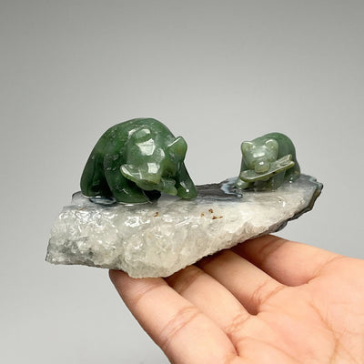 BC Jade Mother and Cub Bear with Fish Carving on Natural Agate Base