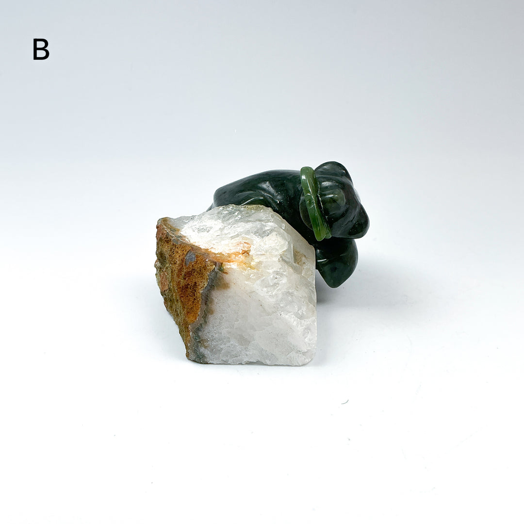 Canadian Jade Bear with Fish Carving On Quartz Base - Rocks and Gems Canada