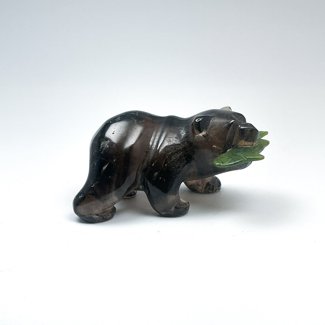 Smoky Quartz Bear with Canadian Jade Fish Carving - Rocks and Gems Canada