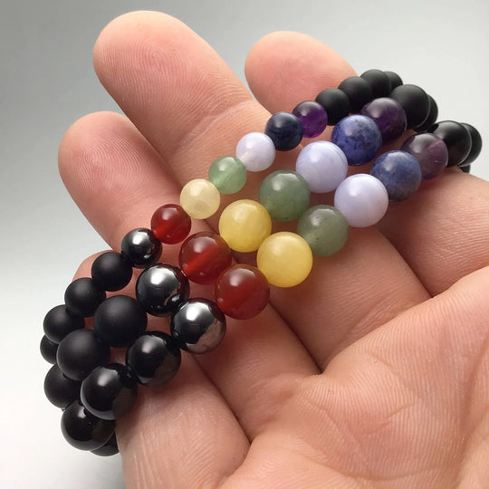 Black Onyx Beaded Bracelet with Chakra Beads - Rocks and Gems Canada