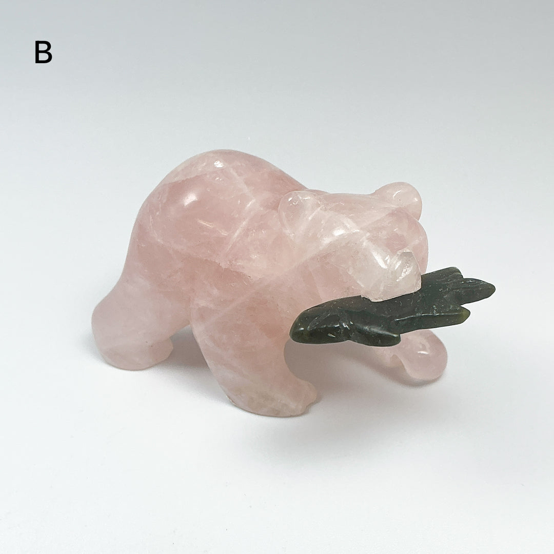 Rose Quartz Bear with Canadian Jade Fish Carving