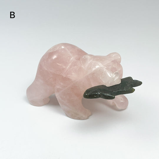 Rose Quartz Bear with Canadian Jade Fish Carving