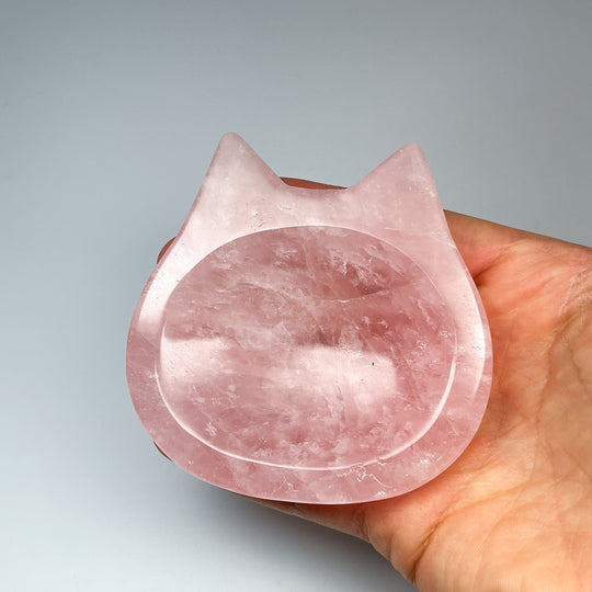Carved Rose Quartz Cat Bowl - Rocks and Gems Canada