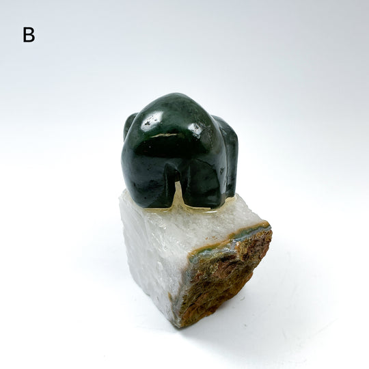 Canadian Jade Bear with Fish Carving On Quartz Base - Rocks and Gems Canada