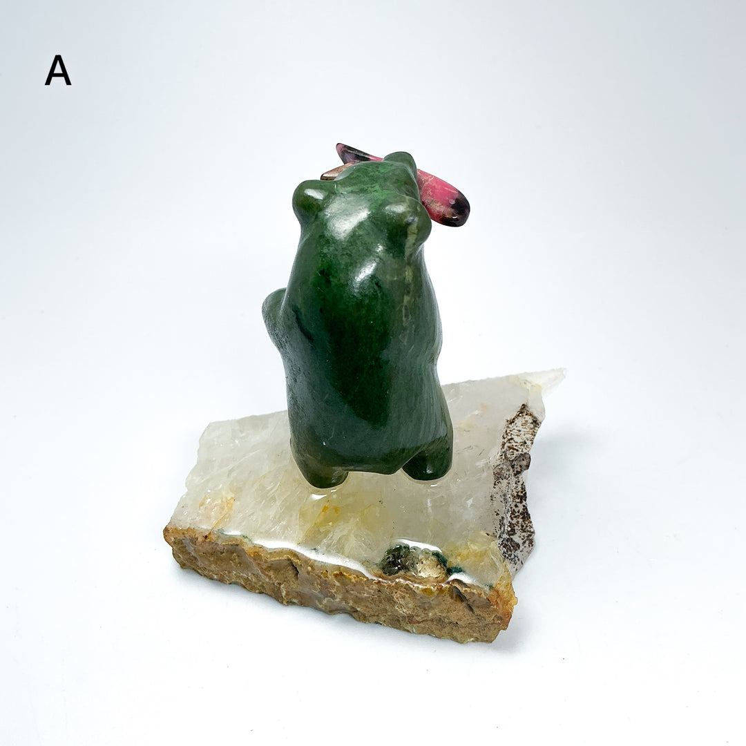 BC Jade Bear with Rhodonite Fish on Quartz Base - Rocks and Gems Canada