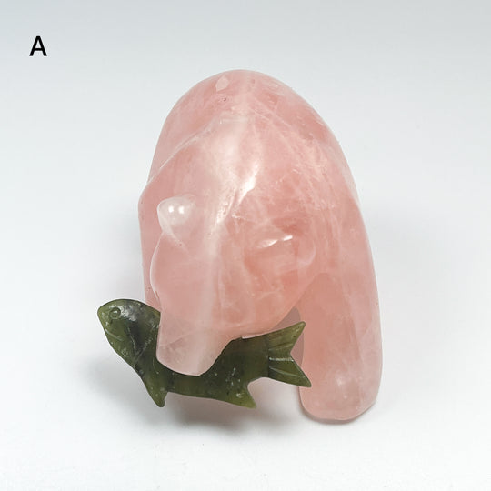 Rose Quartz Bear with Canadian Jade Fish Carving
