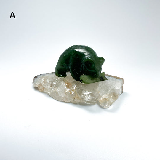 BC Jade Bear with Fish on Quartz Base - Rocks and Gems Canada