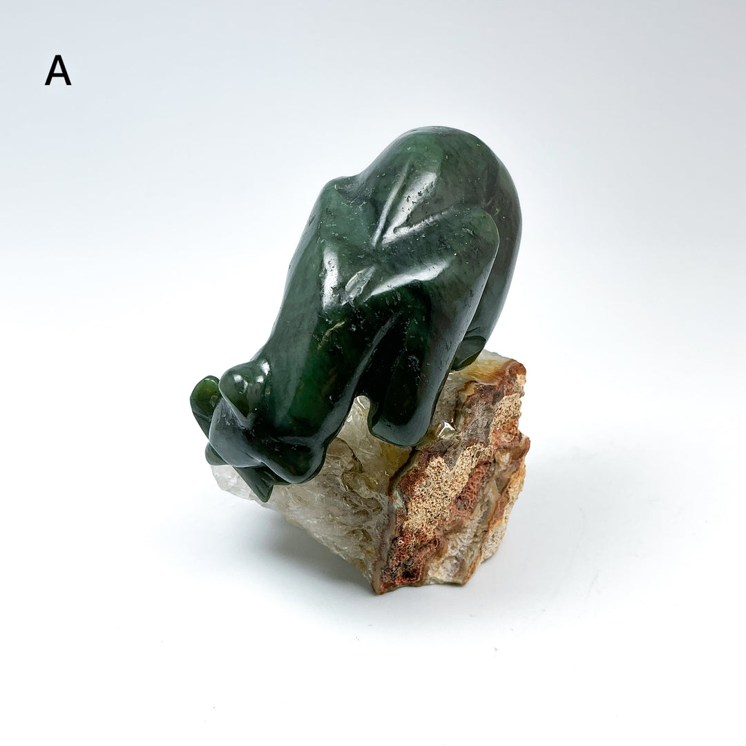 Canadian Jade Bear with Fish Carving On Quartz Base - Rocks and Gems Canada