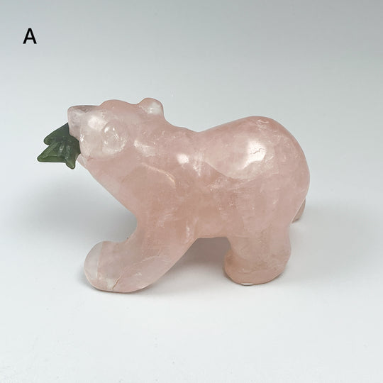 Rose Quartz Bear with Canadian Jade Fish Carving