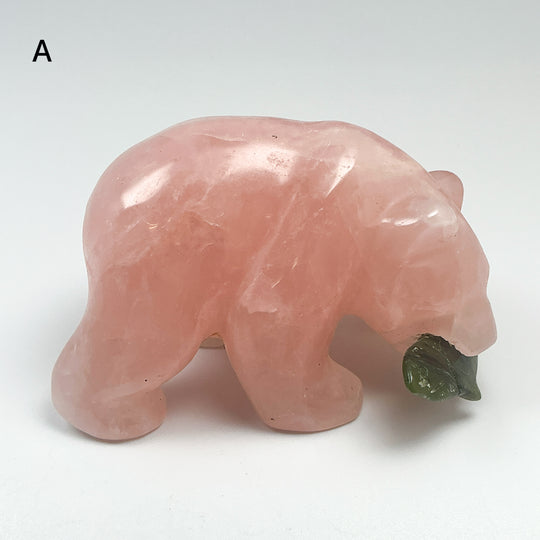 Rose Quartz Bear with Canadian Jade Fish Carving