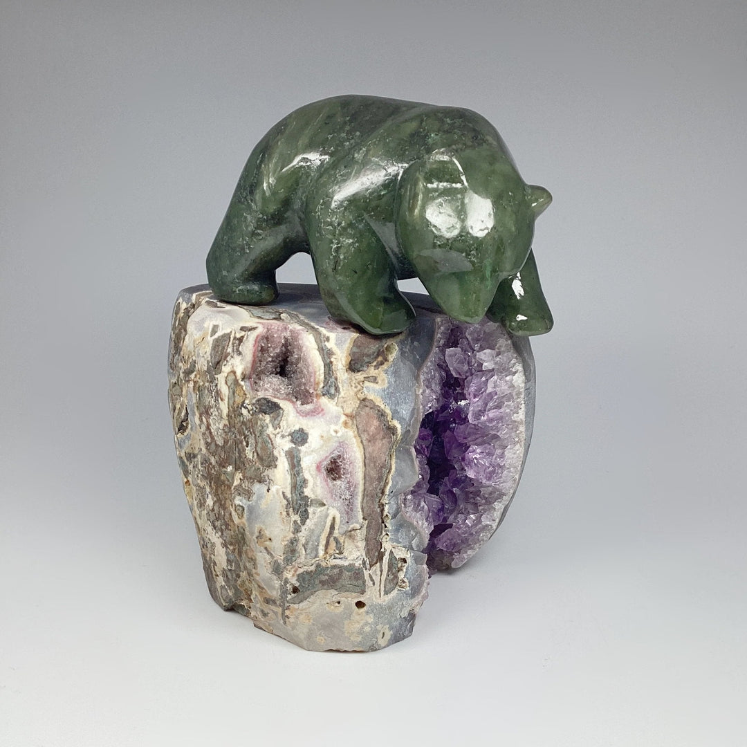 Canadian Jade Bear Carving on Amethyst Base - Rocks and Gems Canada