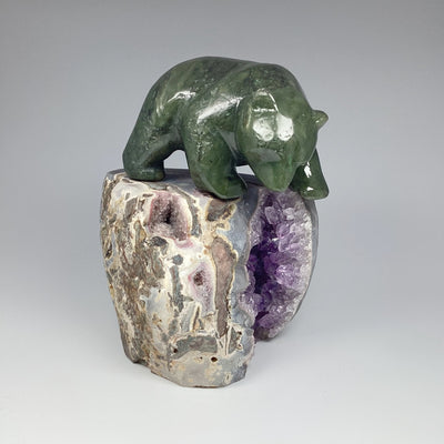 Canadian Jade Bear Carving on Amethyst Base