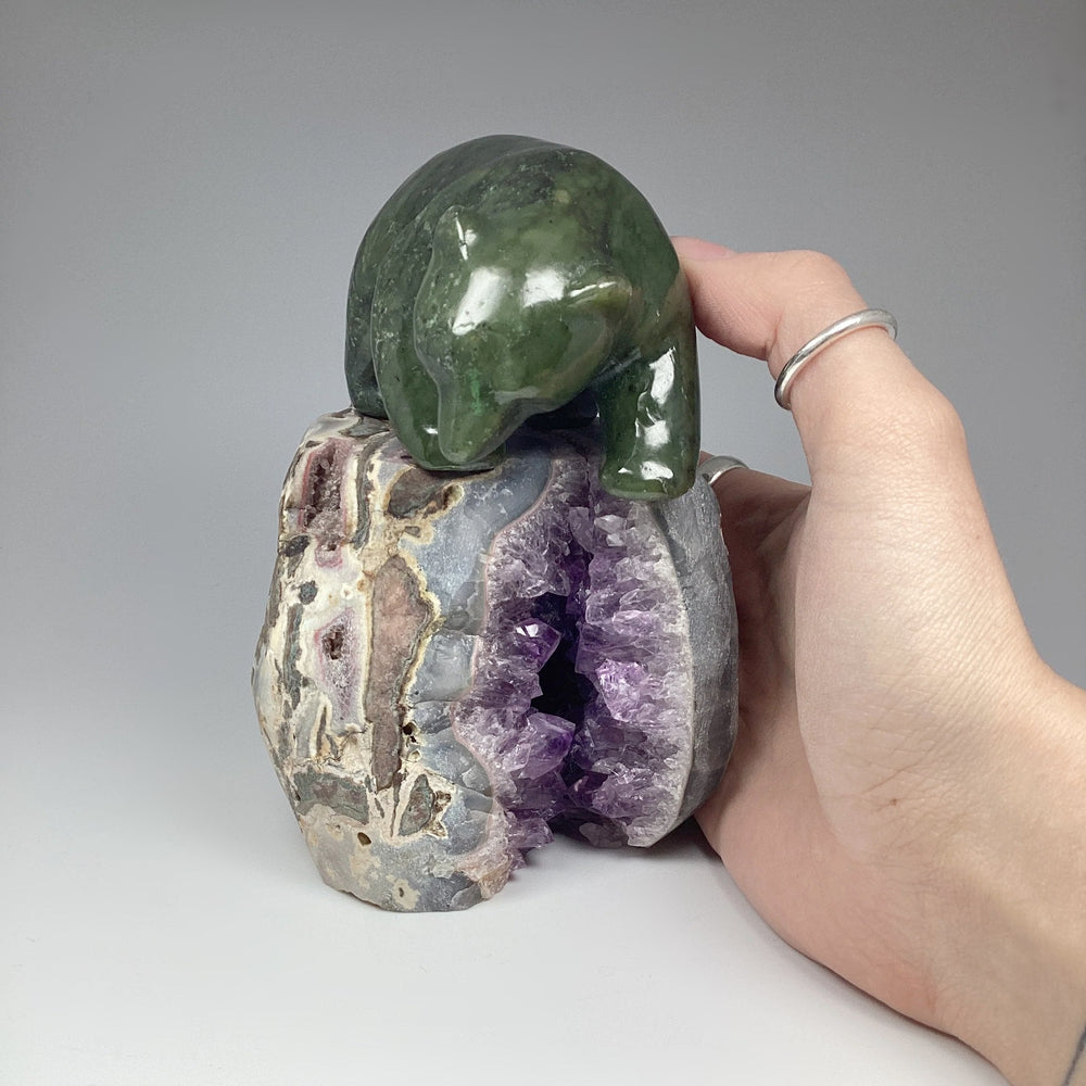 Canadian Jade Bear Carving on Amethyst Base