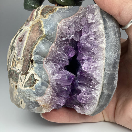 Canadian Jade Bear Carving on Amethyst Base