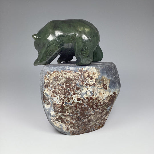 Canadian Jade Bear Carving on Amethyst Base
