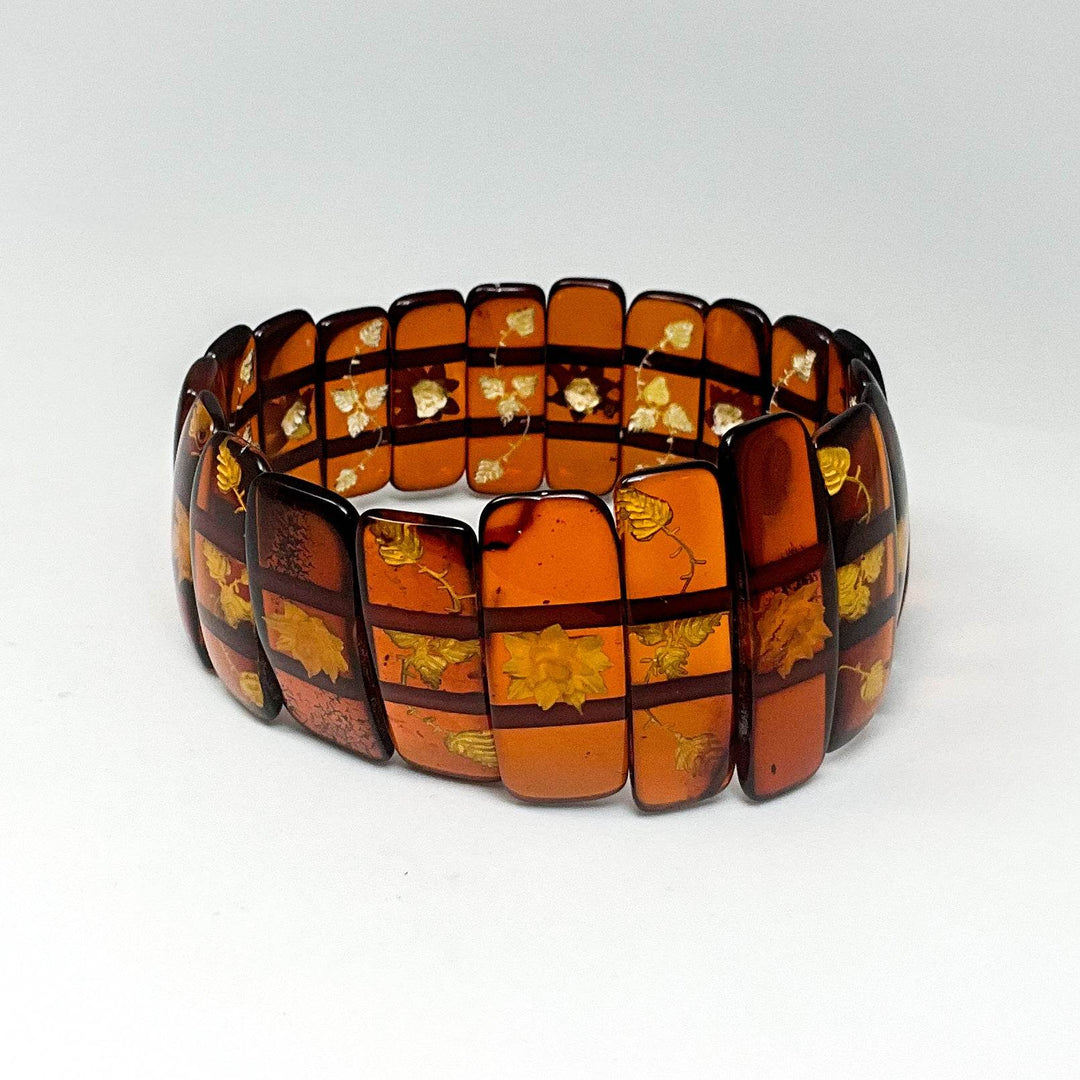 Cognac Amber Floral Cameo Beaded Bracelet-Rocks and Gems Canada