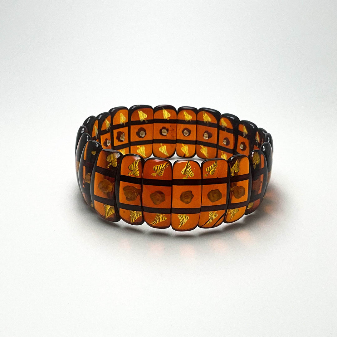 Cognac Amber Floral Cameo Beaded Bracelet-Rocks and Gems Canada