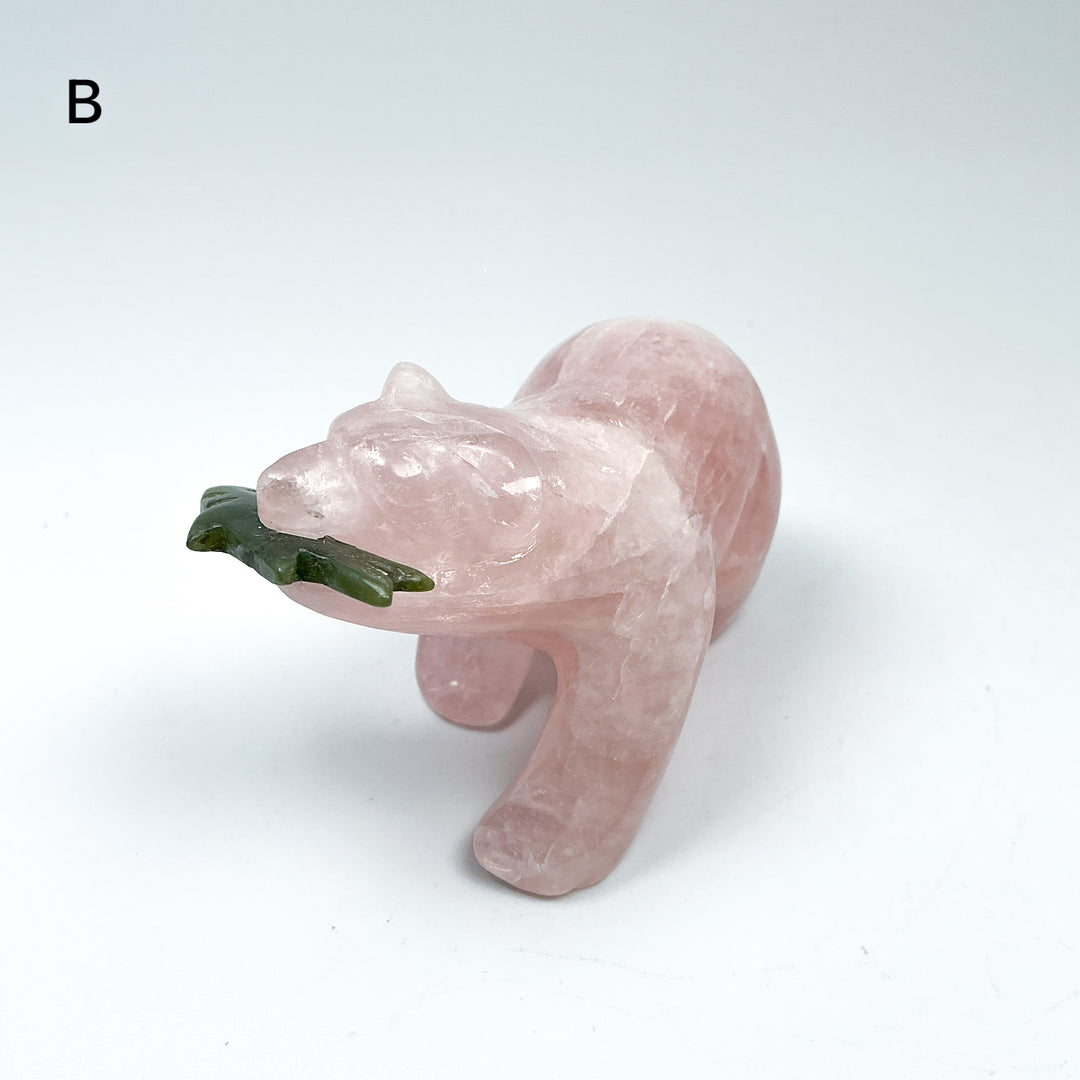 Rose Quartz Bear with Canadian Jade Fish Carving - Rocks and Gems Canada