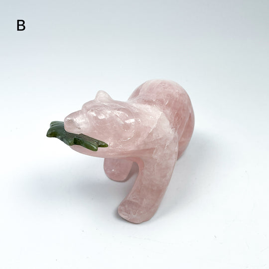 Rose Quartz Bear with Canadian Jade Fish Carving - Rocks and Gems Canada